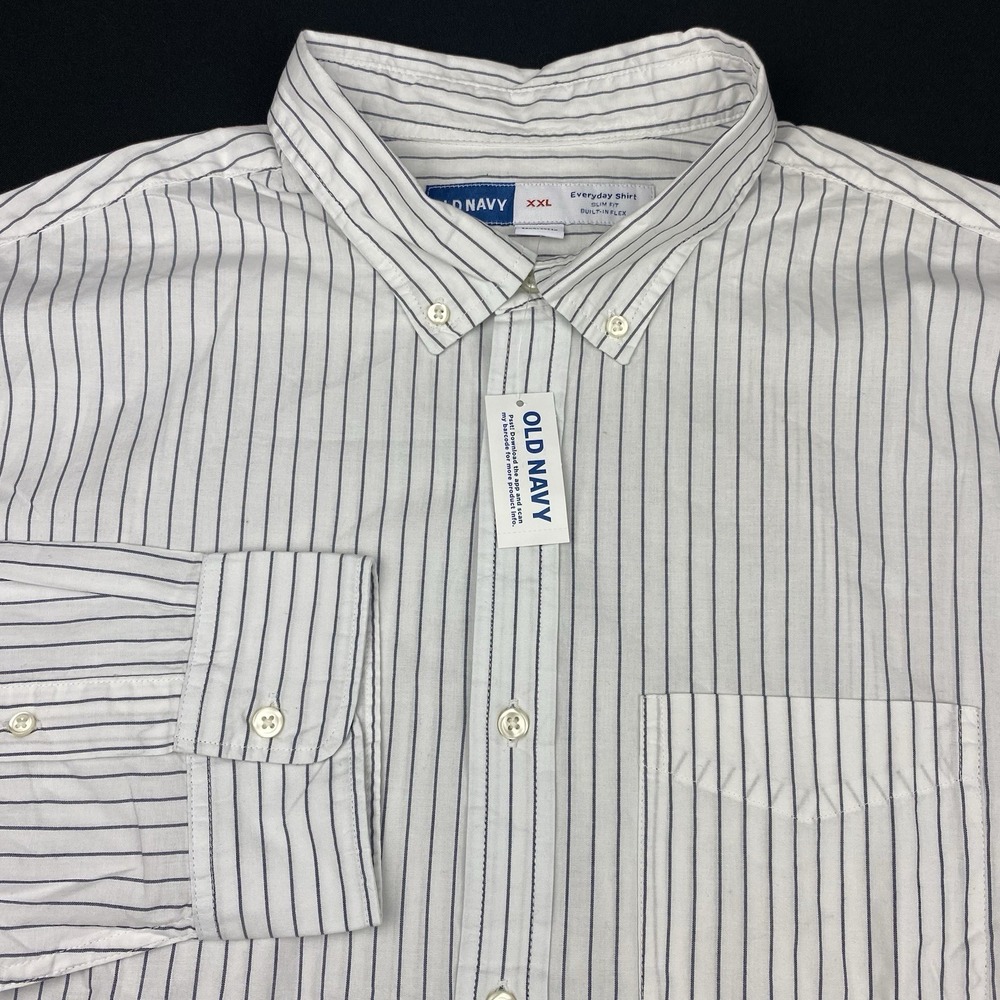 OLD NAVY Mens Casual Shirt XXL White w/Blue Pinstripes Slim Fit Flex New w/Tags!